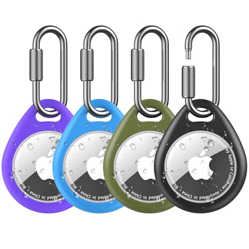 Image of Apple Air Tag Holder- 4 Pack Air Tag Case with Professional Carabiner, Waterproof & Shockproof TPU Air Tag Keychain for Keys, Backpacks, Pets, Luggage, Kids(Black /Green /Blue /Purple)