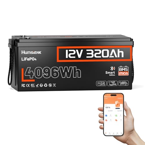 Image of HumsiENK 12V 320Ah LiFePO4 Battery with Bluetooth, 4096Wh Deep Cycle Lithium Battery, 250A BMS (3200W Output), Low-Temp Cut-Off, 58.6lbs Ultra-Light Replacement for 3x 100Ah, RV, Marine, Solar