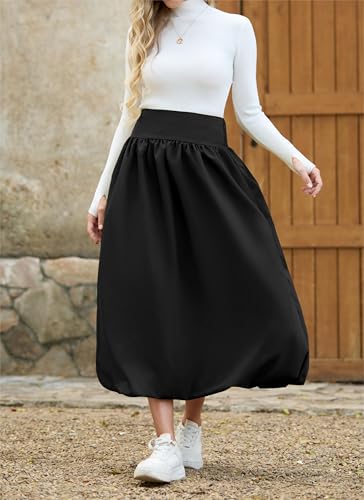 Women's Bubble Long Skirt Elastic Waist A-Line Pleated Ruffle Flowy Balloon Maxi Skirts with Pockets