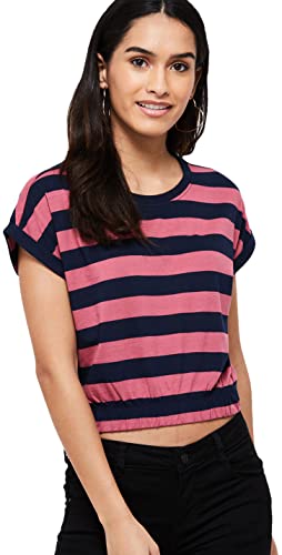 Image of Max Women's Striped Round Neck Cropped Regular Fit T-Shirt