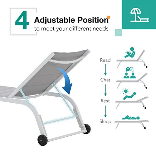 Patiorama Outdoor Patio Chaise Lounge Chair Set Of 3, White Aluminum Textilene Padded Adjustable Recliner W/Wheels, Side Table, Pool Lounger All Weather For Yard, Beach, Balcony (Light Grey) #TOP6