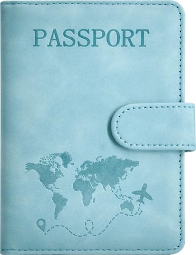 Passport Holder, Passport Cover with Credit Card Slot and Boarding Pass Slot Combo, Passport Wallet Case Book Travel Must Have, RFID Blocking Leather Travel Accessories, Light Blue