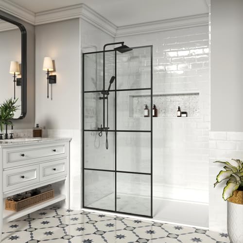 MCOCOD 30" W x 76" H Frameless Shower Screen, Fixed Glass Panel for Walk-In Shower, 3/8" Tempered Glass, Grid Pattern Design