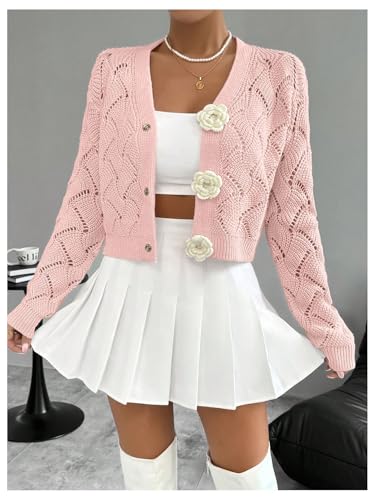 GORGLITTER Women's Button Up Cropped Cardigan Floral Fall Sweaters Long Sleeve Knit Crochet Tops Dressy Jackets4