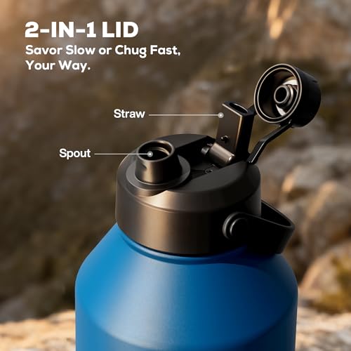 Image of POWCAN 64 oz Insulated Water Bottle with 2-in-1 Straw Spout Lid, Leakproof, Carrier Bag, Shoulder Strap, Keep Cold 48H, Half Gallon Stainless Steel Water Jug for Men, Sports, Camping, Fitness (Indigo)