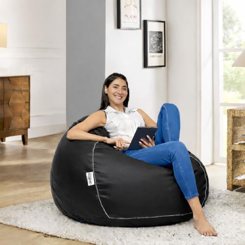Image of Amazon Brand - Solimo Faux Leather 5XL Bean Bag Cover Without Beans, Classic Bean Bags Cover with Handle & Zipper, Bean Bag Cover for Living Room & Bedroom, 6 Months Warranty (Black with Grey Piping)