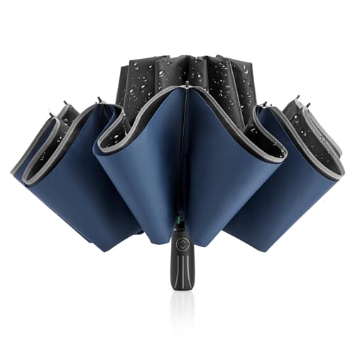 G4Free Paraguas invertido grande de doble capa de 54 pulgadas, 12 varillas, compacto, resistente al viento, plegable, automático, con tira reflectante para lluvia, Negro/Azul oscuro, 137,16 cm