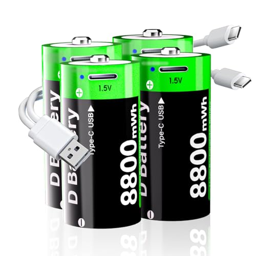 Piles Rechargeable Type D, 8800mWh Haute Capacité au Lithium D cellules avec de Charge USB-C,1,5V D Taille Cellule de Rechargeables la Batterie pour Lampe de Poche (Lot de 4)