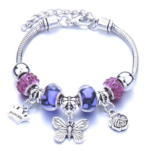 Yean Braccialetti da ragazza Braccialetto con charm in resina viola Braccialetto con perline a farfalla Ciondolo a mano Catena regolabile gioielli per sorelle Lady Natale compleanno (A)