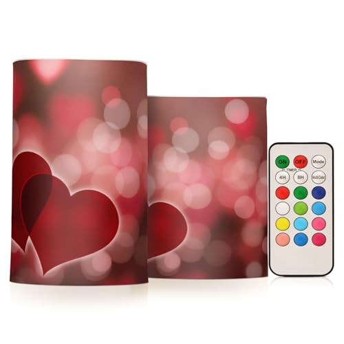Image of Valentines Lights Flameless Candles Valentines Hearts Bokeh Effect Pillar Candles Set of 2 Battery Operated Remote Control Warm Lights Home Decor
