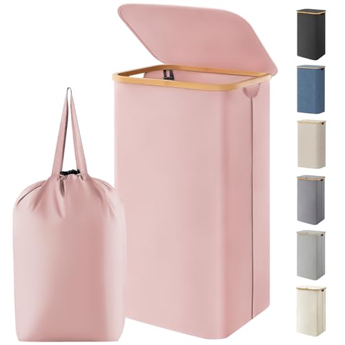 Image of Lifewit 100L Laundry Basket with Lid, Clothes Hampers for Laundry with Bamboo Handles and 1 Removable Bag, Large Foldable Laundry Hamper for Bedroom, Bathroom, Dorm, Laundry Room, Pink