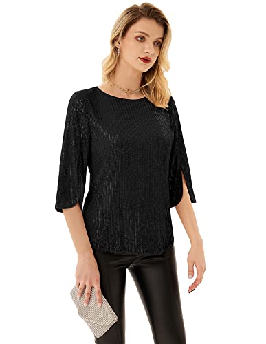 Grace Karin Women's Sparkle Sequin Party Blouse Tops Shimmer Glitter 3/4 Slit Sleeve Dressy Tops Black #TOP3