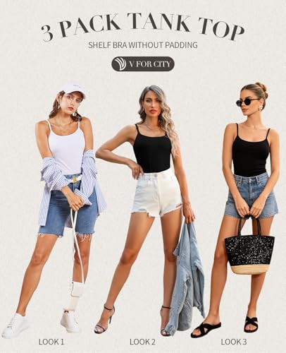 Image of V FOR CITY Unpadded Tank Top for Women with Shelf Bra Cotton Camis 3 Pack