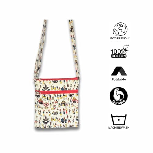 Image of GREEN CRAFT Canvas Sling Bag for Women | (8 X 9) Inch | Sling Bag Series, Shopping & College Bag with Adjustable Strap - Multicolor