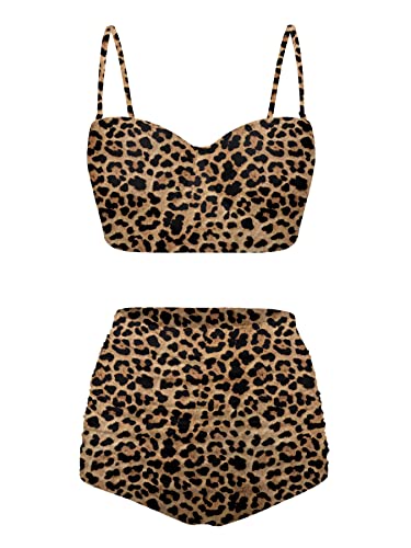Snilety Costume da bagno da donna, taglia S-2XL, 2 pezzi, crop top e slip a vita alta, Marrone leopardo, M