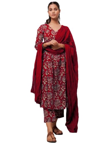 Image of GoSriKi Women's Cotton Blend Anarkali Printed Kurta with Pant & Dupatta