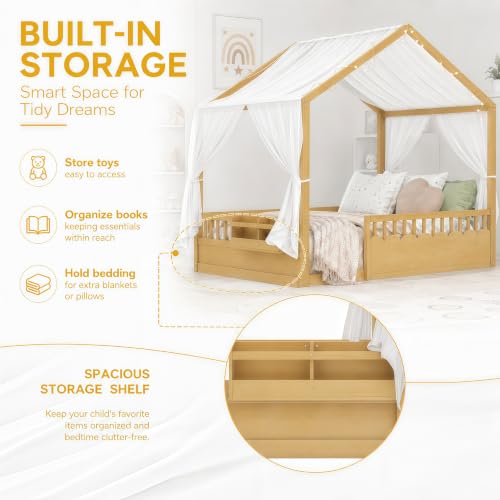 Image of Bellemave Twin House BedFrame with Canopy, Montessori House Bed with LED and Bookshelf and Rails for Kids, Natural