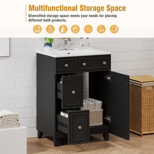 Image of 24 Inch Bathroom Vanity with Ceramic Sink, Freestanding Vanity Cabinet with 2 Drawers and 1 Door (Black)