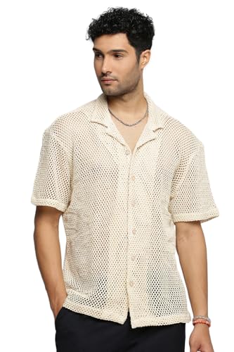 Image of SHOWOFFFF Men Solid Crochet Casual Shirt | Cuban Collar Half Sleeves Cotton Shirt for Mens | Relaxed Fit Regular Length Shirt for Men's