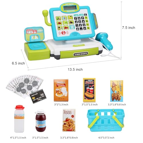 Image of FS Pretend Play Calculator Cash Register Toy as Preschool Gift for Kids, Classic Count Toy with Sound, Microphone, Scanner, Pretend Credit Card, Play Food for Boys & Girls,45 Pieces, Ages 3 4 5 6 7