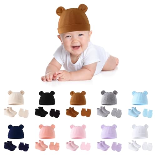 Infant Double Layer Bonnet Hat with Socks and Scratch Proof Mittens Set for 0 to 3 Months Comfortable Fetal Caps Gloves Navy Blue2