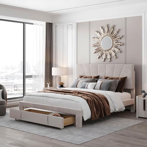 BXEYXE Cama tapizada de 140 x 200 cm, cama doble con somier, respaldo y cajón grande, cama doble de terciopelo agradable para la piel, para adultos y adolescentes, color beige (colchón no incluido)