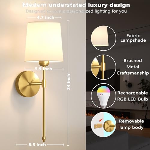 Image of Ouyulong Battery Operated Wall Sconces Set of 2, Wireless Rechargeable Dimmable Wall Light with 5600mAh RGB Bulb and Remote for Bedroom, Living Room, Hallway, Gold, 24in