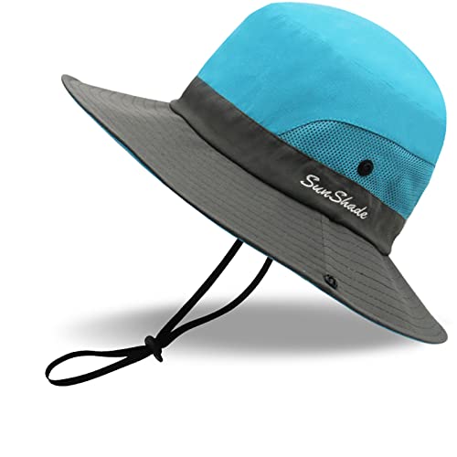 SEYUFN Chapeau de Seau pour Enfants Chapeau de Soleil réglable avec Trou pour Queue de Cheval Protection UV Chapeau d'été pour Tout-Petits avec Bord Large pour Les Jeux d'été en Plein air (Bleu) Cover