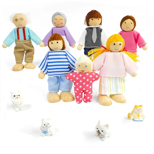 Lonsien Muñecos Constelaciones Familiares 11 Piezas Muñecos Madera Casita de Muñecas con Gato y Perro Accesorios para Casa de muñecas