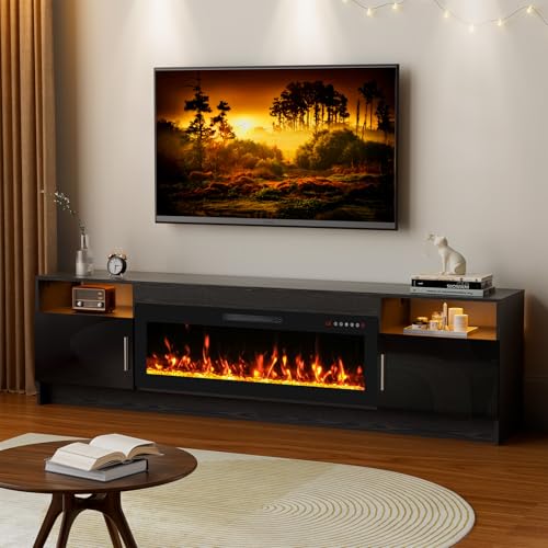 Kucreiheat 80'' TV Stand with 42''Fireplace-Black Entertainment Center for 90 inch TV- TV Cabinet with LED Light, Storage, High Glossy Door, Modern TV Console for Living Room