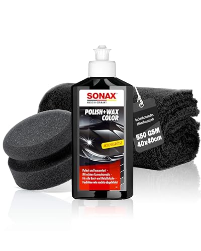 Juego de abrillantador de coche Sonax Polish & Wax Color Negro 250 ml Auto Politur + Esponja de pulido + Paño de pulido | Pasta de pulido para pinturas de colores y metálicas para eliminar pequeños