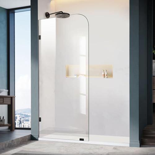 Frameless Shower Door, 36" W ×78" H Fixed Shower Glass Panel with Clamps, 3/8" (10mm) Glass Shower Doors, Clear Tempered Bathroom Shower Screen in Matte Black