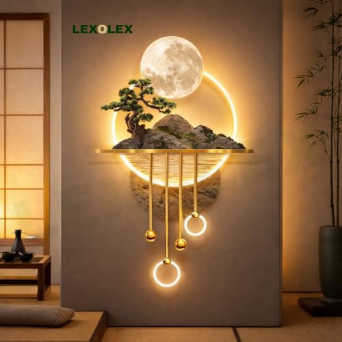 Image of Fairy Garden Moon LED Wall Light Decor with Smart RF Wireless Remote | Premium Metal Art Showpiece with Warm LED | Modern Luxury Wall Lighting for Living Room Bedroom Hall | 19 x 40 Inches