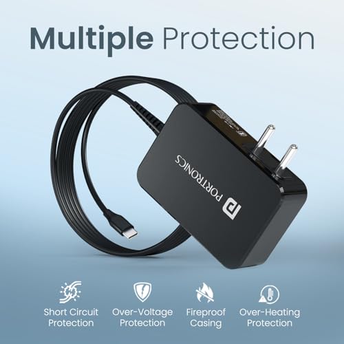 Image of Portronics 90W Zion 90 PD Fast Charging Laptop Adaptor with in Built Type C Cable, PPS Technology, 1.5m Cable Length, Compatible with Laptops, Smartphones, Tablets, MacBooks, iPads (Black)