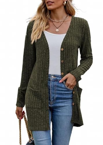 MSIYOW Gilet Femme Manche Longue Cardigan Long Femme pour l'Automne avec Boutons Poche (2XL, Vert Foncé)