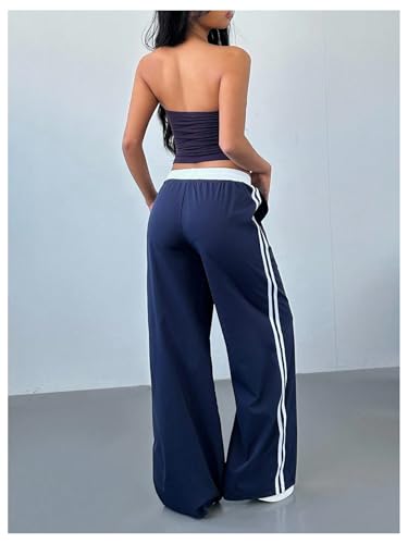 WDIRARA Women's Wide Leg Baggy Sweatpants Side Striped Number Graphic Track Pants with Pockets2
