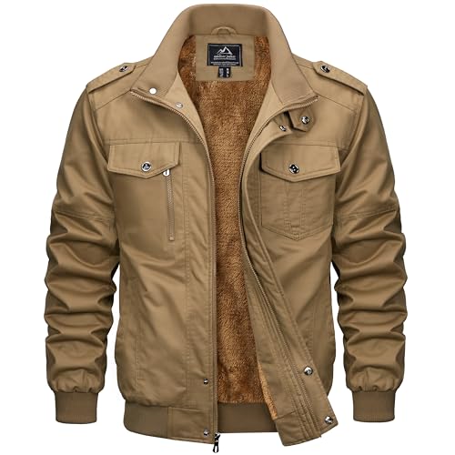 MAGCOMSEN Jacke Herren Winter Parka Fleece Winterjacke Warm Gefüttert Cargojacke für Männer Übergangsjacke Outdoor Jacke Baumwoll Bomberjacke Khaki M