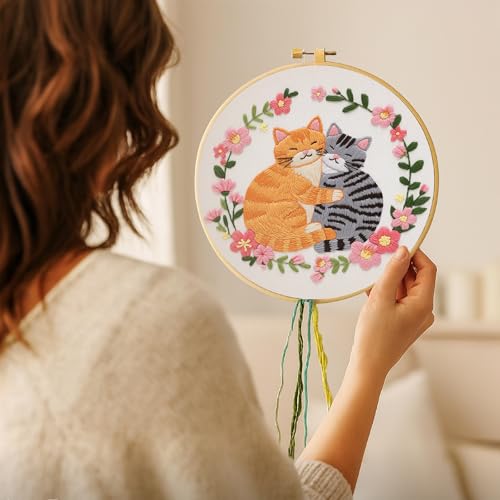 Image of Nuberlic Cat Embroidery Kit for Beginners, DIY Cross Stitch Starter Kit Including Cloth with Pattern, Embroidery Hoop, Needles Instructions and Threads for Adults