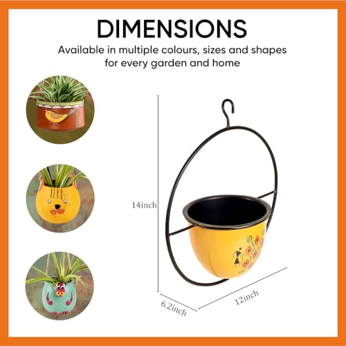 Image of AAKRITI ART CREATIONS Metal Hanging Planter | Handpainted Planter, Modern Art, Yellow Glossy Finish | Outdoor & Indoor Home Decor Items | Room Decoration Artifacts, Flower Pots for Living Room