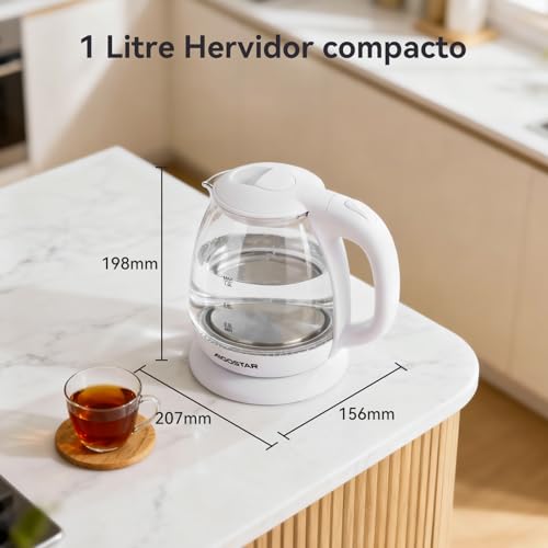 Miniatura 3 de Aigostar Elvin - Hervidor De Agua Eléctrico, Vidrio De Borosilicato, 2200w, Iluminación Led, Capacidad 1l, Rápida Ebullición, Protección Contra La Ebullición En Seco, Libre De Bpa, Blanco