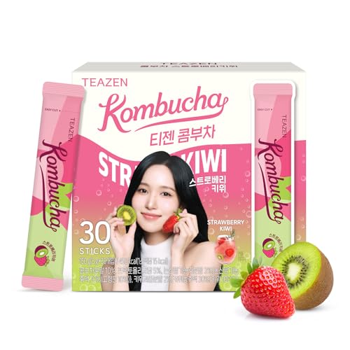 Image of TEAZEN Strawberry Kiwi Kombucha Powder, Hydration Drink Mix, Sugar Free, Live Probiotics & Prebiotics, On-the-Go 30 Packets, 5.29oz