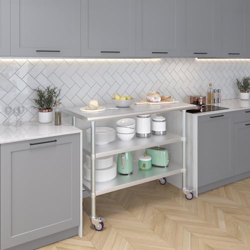 Image of AmGood Stainless Steel Work Table with 2 Shelves and Casters | Metal Utility Table On Wheels (Stainless Steel Work Table with 2 Shelves + Casters, 48 inch Long x 24 inch Deep)