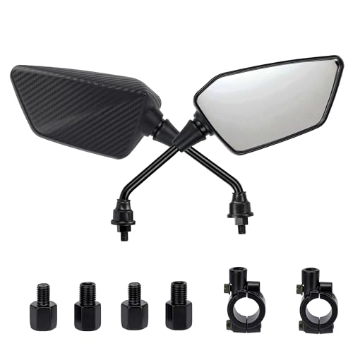 CINQUECUORI – Specchietti Retrovisori Moto Universali Bar End Regolabili, in ABS e Acciaio Carbon Look, Design Sportivo, Compatibili con Scooter, Moto Naked, Bici Elettriche, Facili da Installare