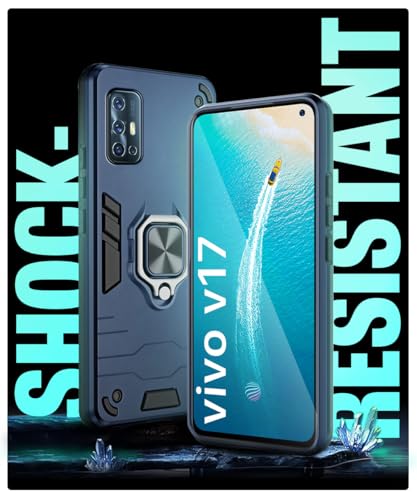 Image of WOW IMAGINE Shock Proof Back Case Mobile Cover for Vivo V17 (Armor | Hybrid PC + TPU | Full Protection with Ring Holder Kickstand | Carbon Blue)