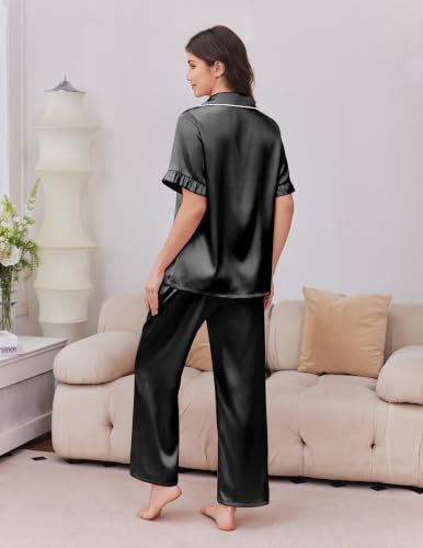 Image of Ekouaer Silk Satin Pajamas for Women Set 2 Piece Short Sleeve Button Up Pjs | Two Side Pockets,Soft Bridesmaid Lounge Set,Bridal Ruffle Sleepwear,Wedding Party,Honeymoon Vacation,Postpartum