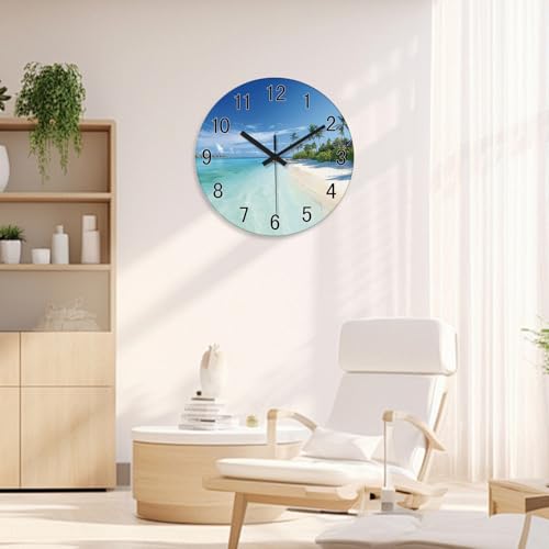 Image of XFM Large Blue Beach Wall Clock Silent Non Ticking 24 Inch | Battery Operated Tropical Seascape Modern Glass Decorative for Living Room Bedroom Kitchen Office