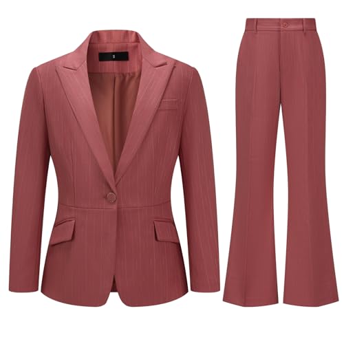 Women's 2 Piece Business Suit Set Pinstripe Blazer Jacket & Bootcut Pants Dressy Office Work Formal Casual Outfits Pink