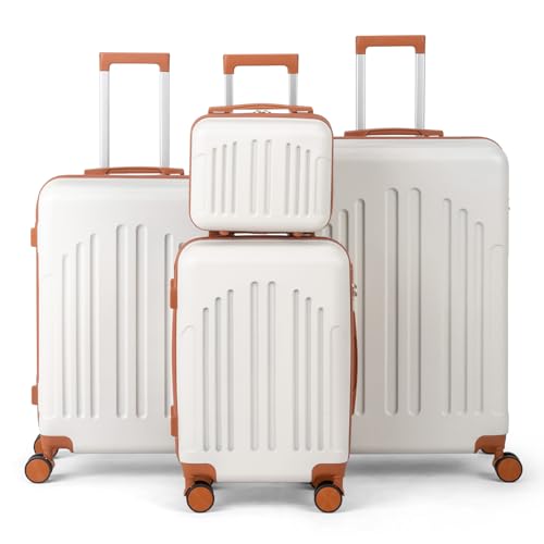 LALAHO Set de 4 Valises avec Vanity Case, Valise Grande Taille/Cabine, Petite Valise, Bagage Suitcase en ABS (Beige-Brun)