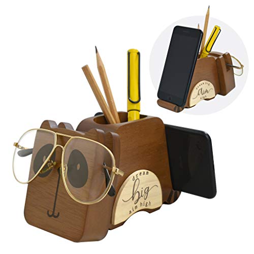 I’m Wood Multipurpose Raccoon Eyeglass Phone Pen & Pencil Holder Stand Stationery Desk Organizer Accessories Decor, for Home Office Desktop Decoration Birthday Graduation Gifts “Dream Big Aim High”