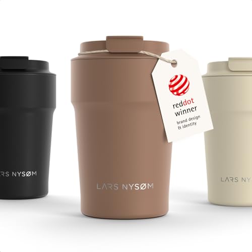 Image of LARS NYSOM Thermo Coffee Mug to go 13oz | Travel Mug 0.38 Liter with Insulation | Silicone grip base | Leak Proof Stainless Steel Tumbler for Coffee and Tea on the Go (Powder Mocha Brown, 13oz)